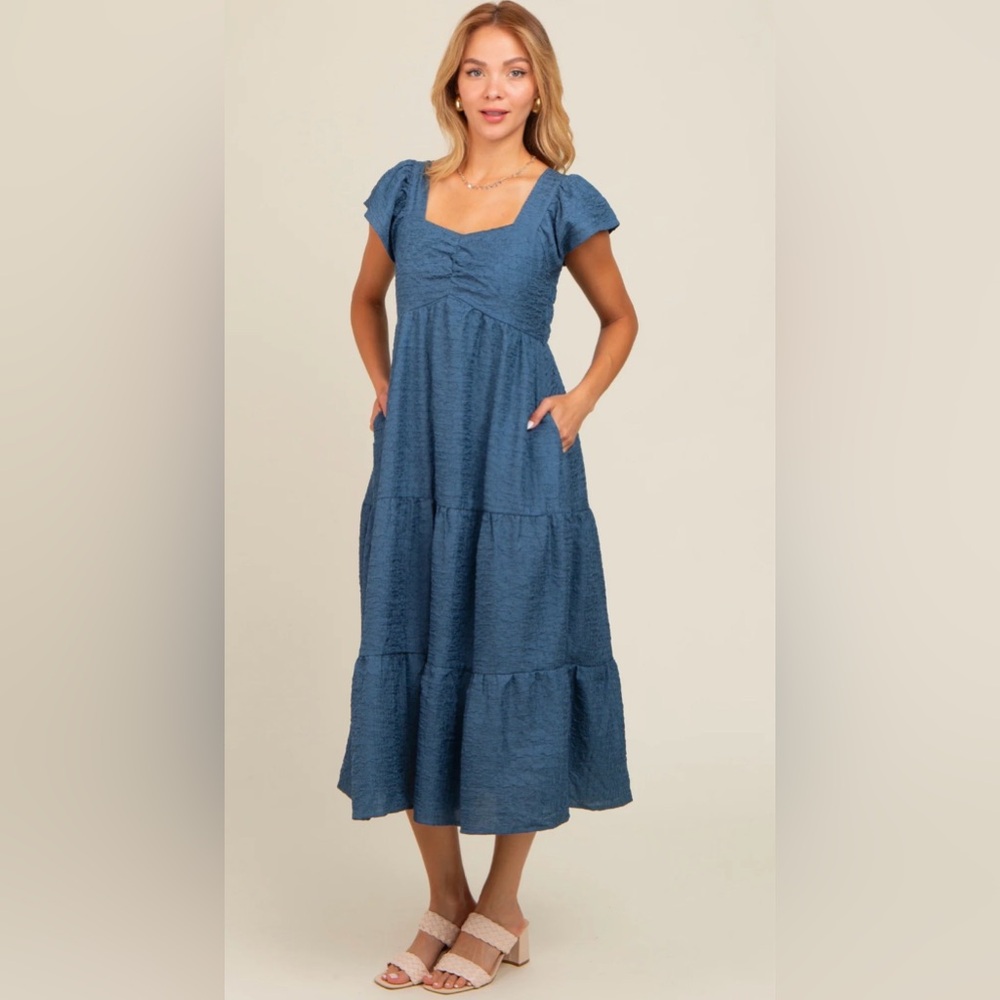 Baltic Born Blue Textured Sweetheart Puff Sleeve Tiered Midi Dress — Large NWT 💙